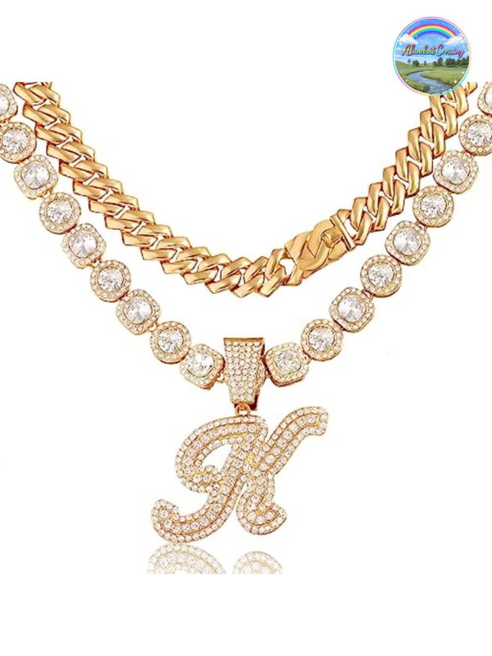 Cuban Link Chain Set for Women Rhinestone Initial Necklace 14mm Cursive Hip Hop